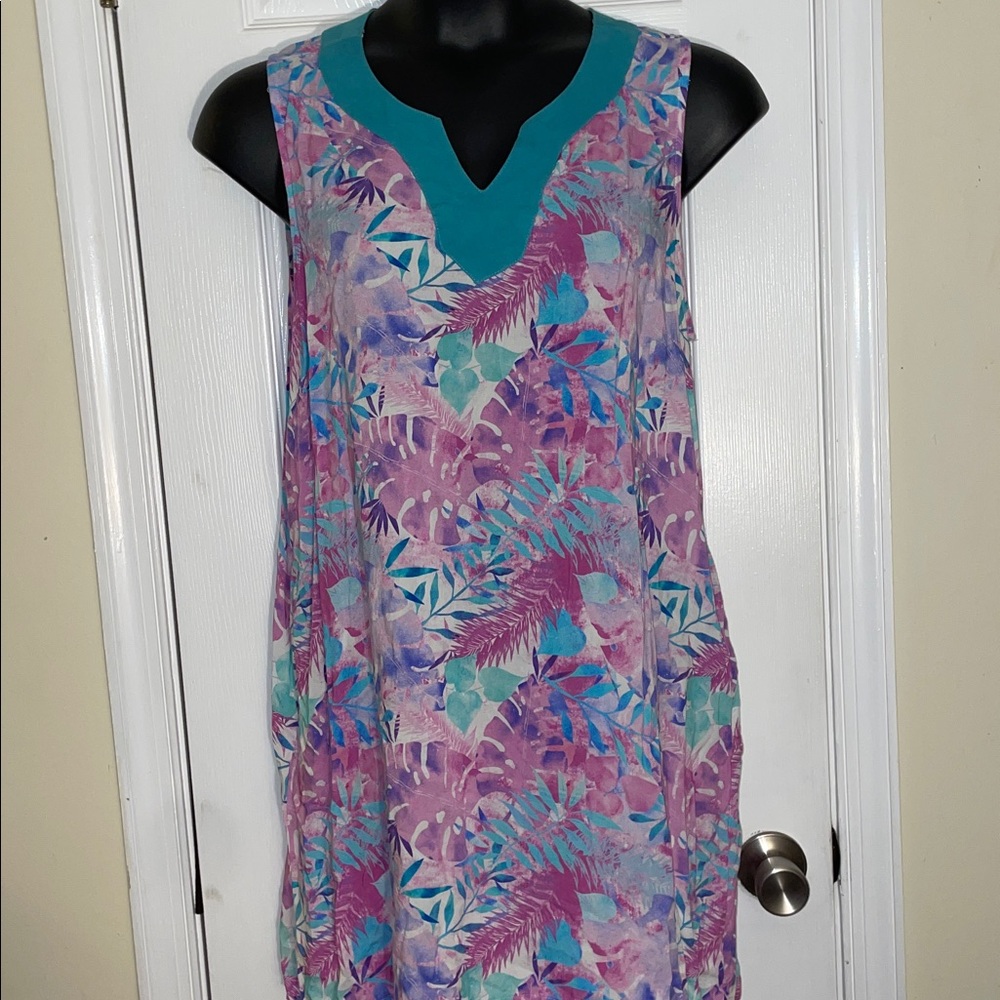 Tybee Island FL Boutique Teal/Pink Dress w/Pockets. L 22” X 35”